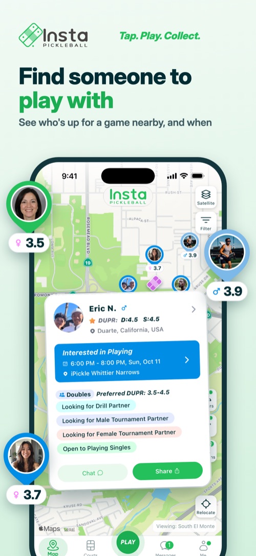 Find someone to play with — map of nearby players with a player card showing DUPR ratings and when they want to play
