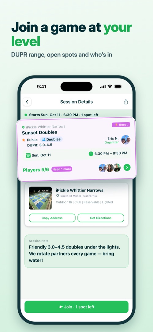 Join a game at your level — a session with its DUPR range, open spots and who's in