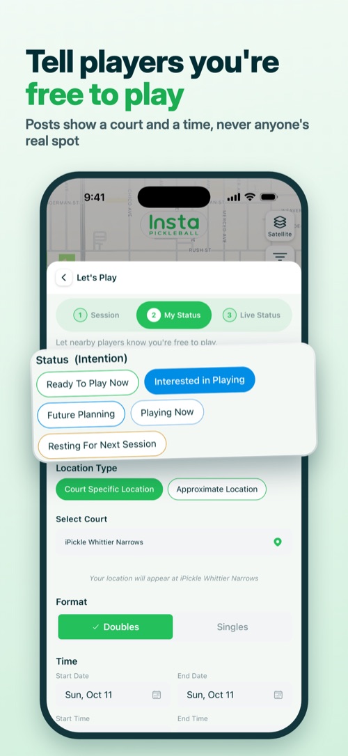 Tell players you're free to play — posts show a court and a time, never anyone's real spot