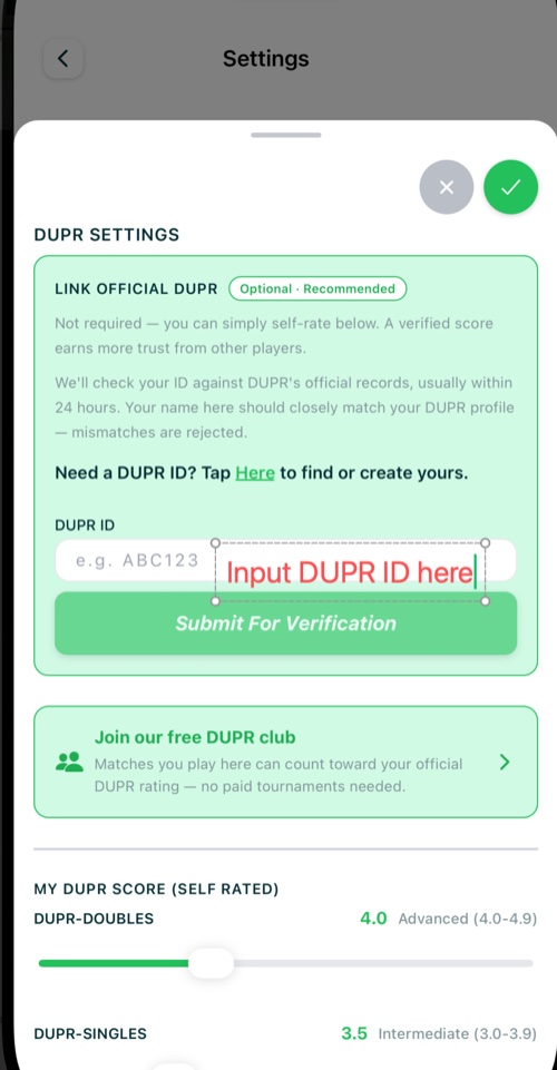 InstaPickleball DUPR Settings screen showing where to enter a DUPR ID and submit it for verification