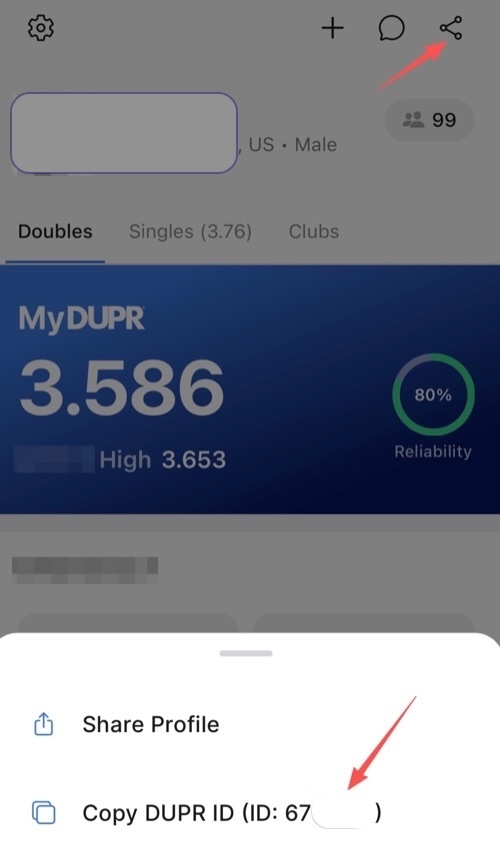 DUPR profile showing the share icon and Copy DUPR ID action